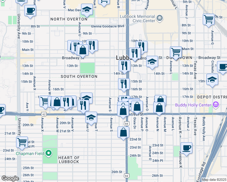 map of restaurants, bars, coffee shops, grocery stores, and more near 1603 Avenue S in Lubbock