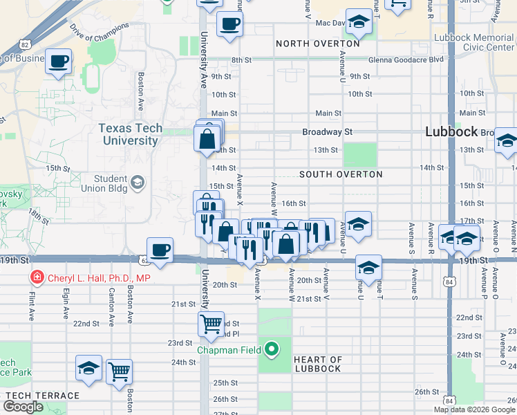map of restaurants, bars, coffee shops, grocery stores, and more near 1604 Avenue W in Lubbock