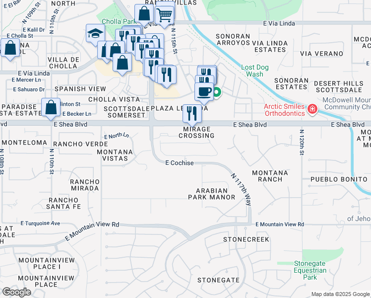 map of restaurants, bars, coffee shops, grocery stores, and more near Mirage Crossing Condominiums in Scottsdale