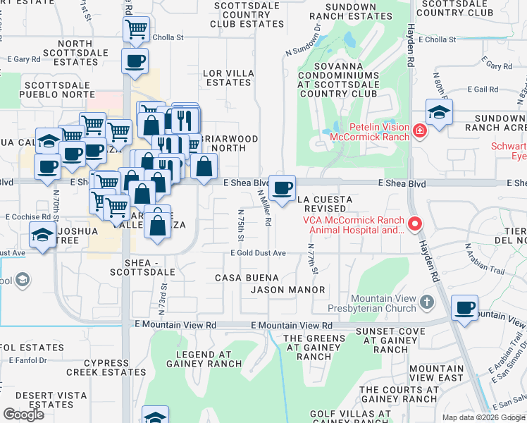 map of restaurants, bars, coffee shops, grocery stores, and more near 7541 East North Lane in Scottsdale