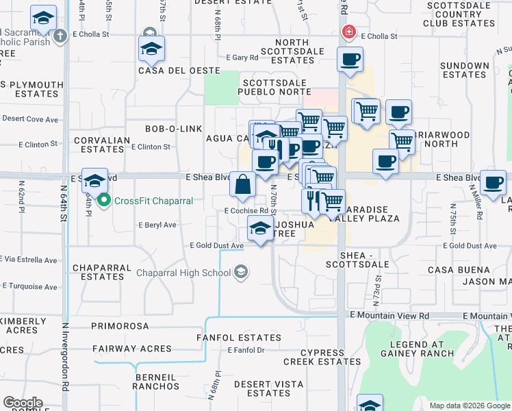 map of restaurants, bars, coffee shops, grocery stores, and more near 6945 East Cochise Road in Paradise Valley