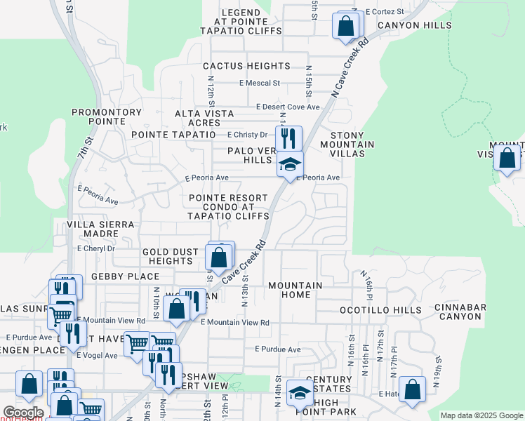 map of restaurants, bars, coffee shops, grocery stores, and more near 10410 North Cave Creek Road in Phoenix