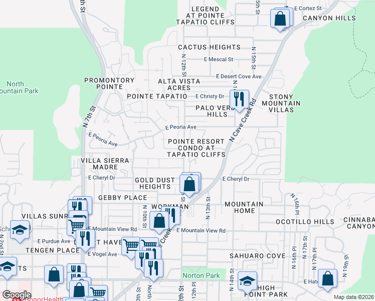 map of restaurants, bars, coffee shops, grocery stores, and more near 10255 North 12th Place in Phoenix
