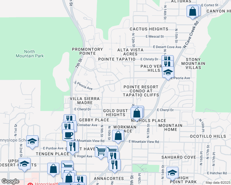 map of restaurants, bars, coffee shops, grocery stores, and more near 10407 North 10th Place in Phoenix