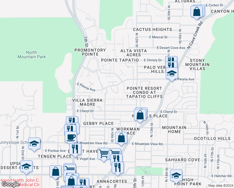 map of restaurants, bars, coffee shops, grocery stores, and more near 10407 North 10th Place in Phoenix