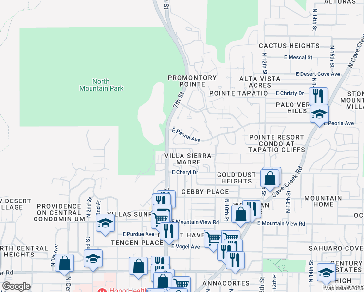 map of restaurants, bars, coffee shops, grocery stores, and more near 735 East North Lane in Phoenix