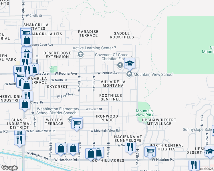 map of restaurants, bars, coffee shops, grocery stores, and more near 1114 West Cochise Drive in Phoenix