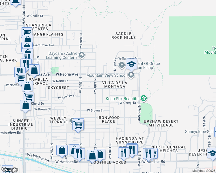 map of restaurants, bars, coffee shops, grocery stores, and more near 1114 West Cochise Drive in Phoenix