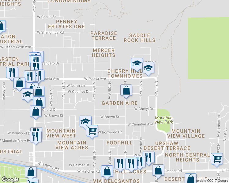 map of restaurants, bars, coffee shops, grocery stores, and more near 1240 West Cochise Drive in Phoenix