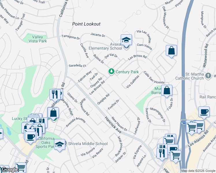 map of restaurants, bars, coffee shops, grocery stores, and more near 24433 Leafwood Drive in Murrieta