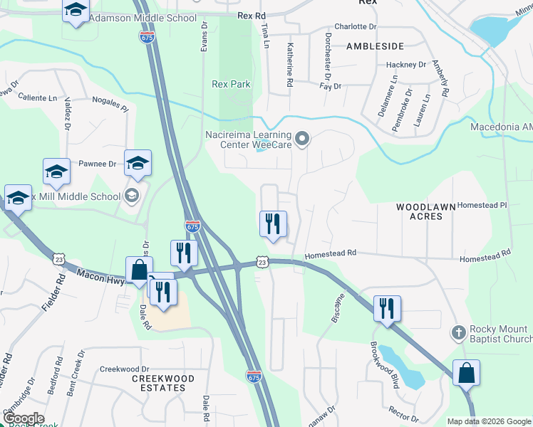 map of restaurants, bars, coffee shops, grocery stores, and more near 6326 Ellenwood Drive in Rex