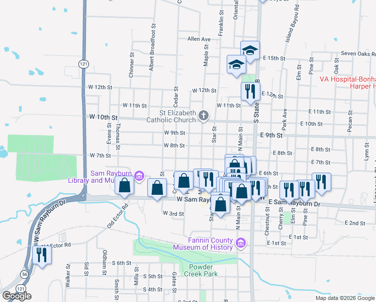 map of restaurants, bars, coffee shops, grocery stores, and more near in Bonham