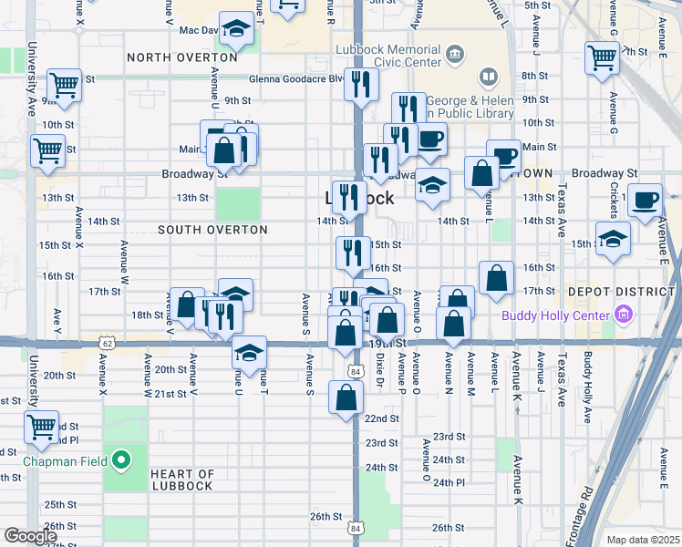 map of restaurants, bars, coffee shops, grocery stores, and more near 1707 16th Street in Lubbock