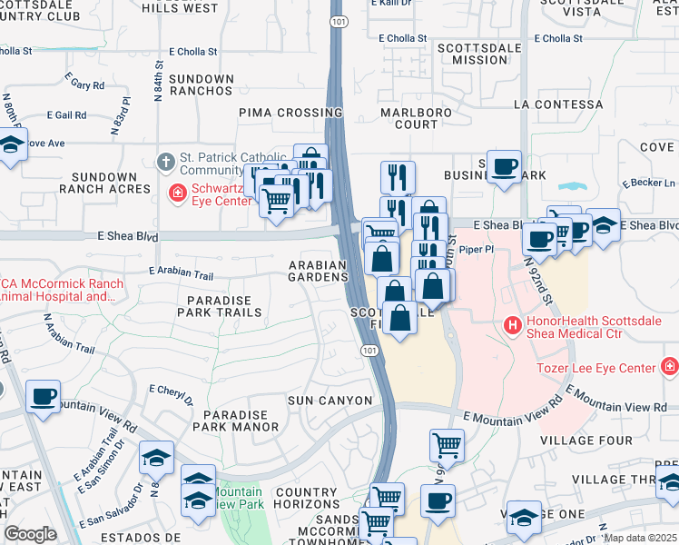 map of restaurants, bars, coffee shops, grocery stores, and more near 10473 North 87th Way in Scottsdale