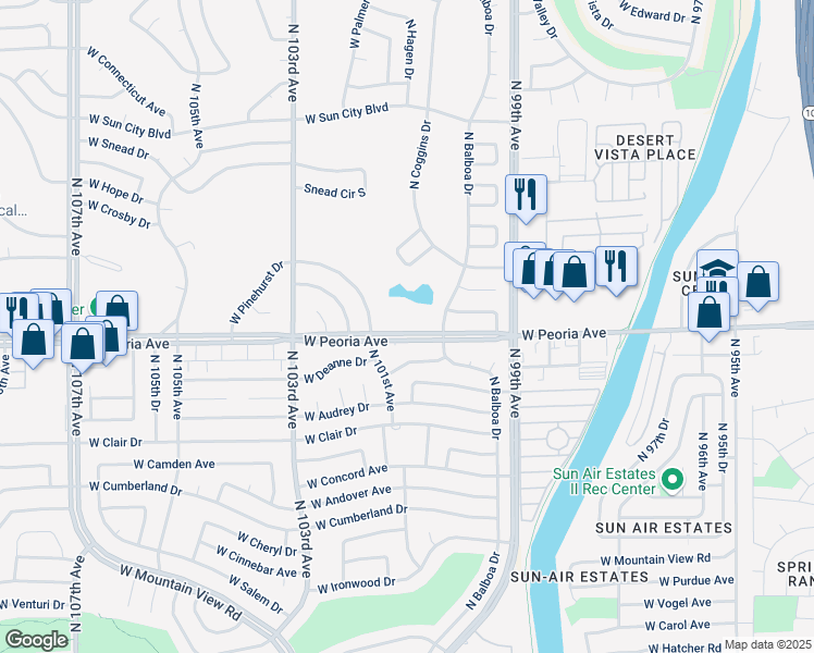 map of restaurants, bars, coffee shops, grocery stores, and more near 10040 West Peoria Avenue in Sun City