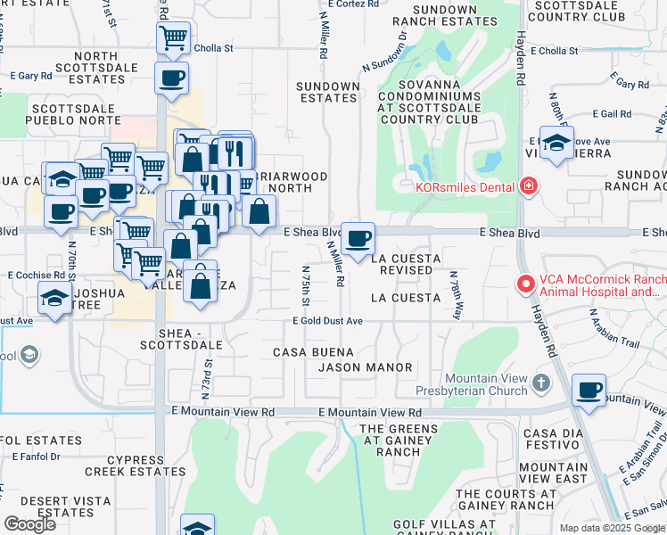 map of restaurants, bars, coffee shops, grocery stores, and more near 7551 East North Lane in Scottsdale