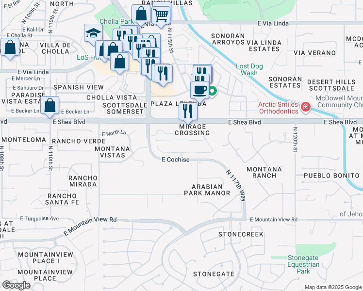 map of restaurants, bars, coffee shops, grocery stores, and more near Mirage Crossing Condominiums in Scottsdale