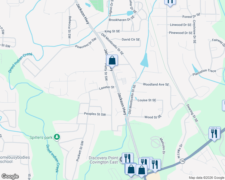 map of restaurants, bars, coffee shops, grocery stores, and more near 6113 Petty Street Southwest in Covington
