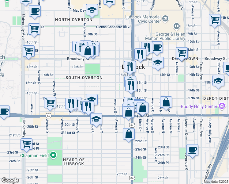 map of restaurants, bars, coffee shops, grocery stores, and more near 1901 16th Street in Lubbock