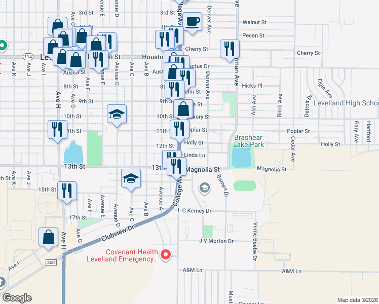 map of restaurants, bars, coffee shops, grocery stores, and more near 101 Linda Lane in Levelland