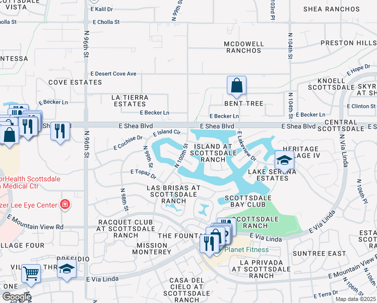 map of restaurants, bars, coffee shops, grocery stores, and more near 10421 North 100th Street in Scottsdale