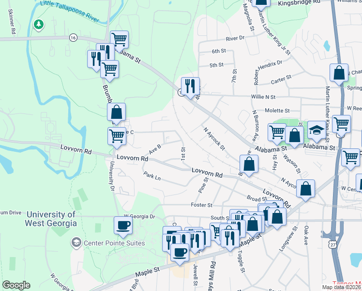 map of restaurants, bars, coffee shops, grocery stores, and more near 222 1st Street in Carrollton