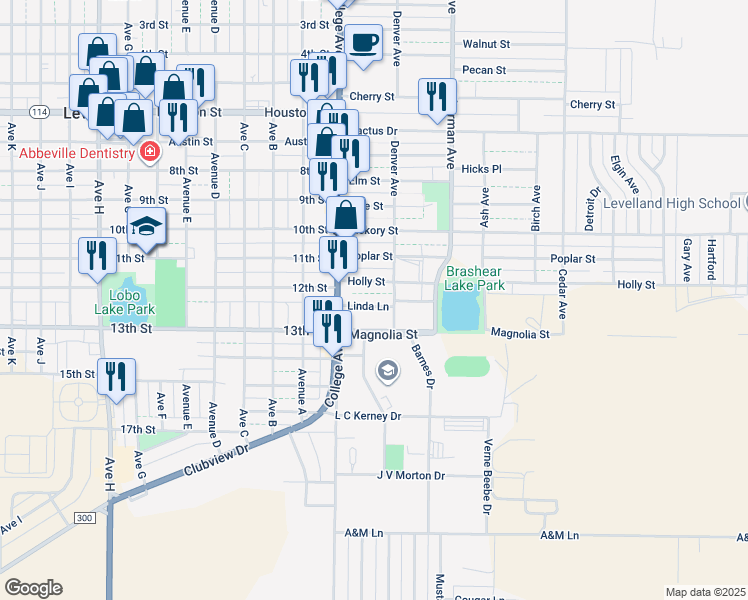 map of restaurants, bars, coffee shops, grocery stores, and more near 115 Linda Lane in Levelland