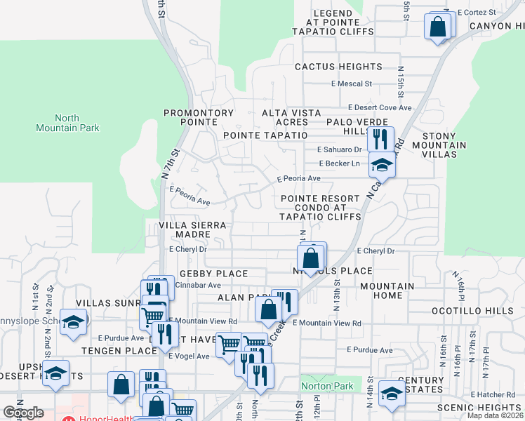 map of restaurants, bars, coffee shops, grocery stores, and more near 10407 North 10th Place in Phoenix