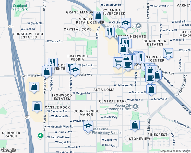 map of restaurants, bars, coffee shops, grocery stores, and more near in Peoria