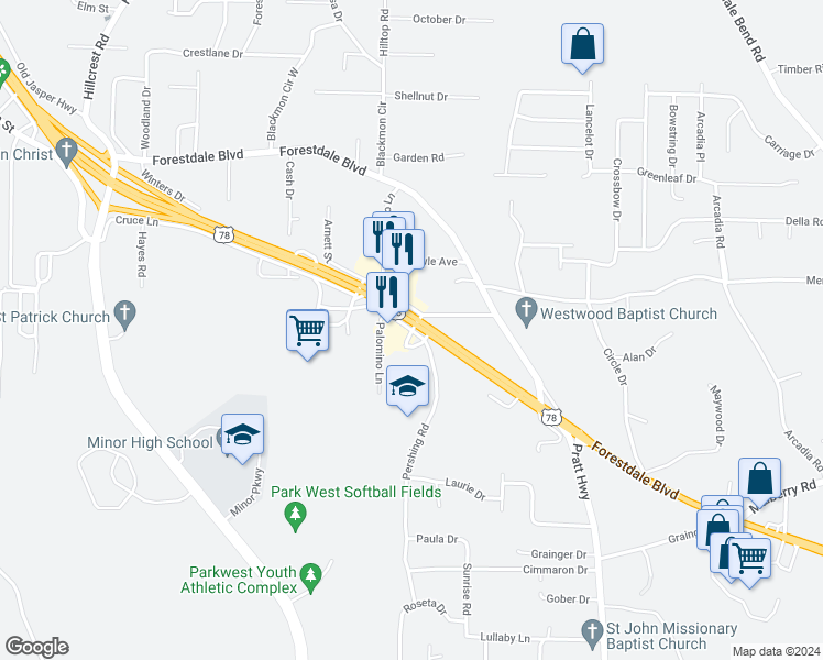 map of restaurants, bars, coffee shops, grocery stores, and more near 121 Foust Court in Forestdale