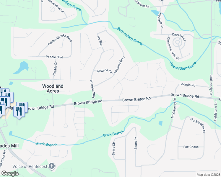 map of restaurants, bars, coffee shops, grocery stores, and more near 25 Willow Tree Terrace in Covington