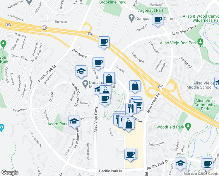 map of restaurants, bars, coffee shops, grocery stores, and more near 77 Vantis Drive in Aliso Viejo