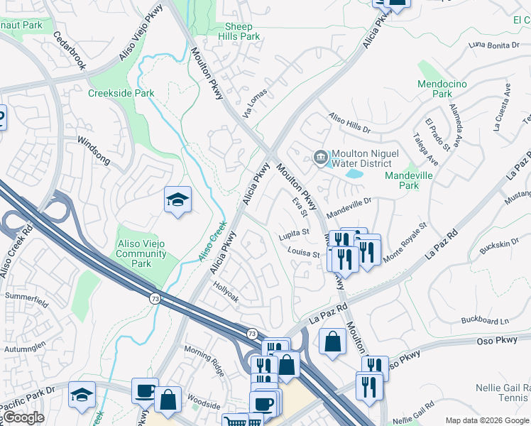 map of restaurants, bars, coffee shops, grocery stores, and more near 26332 Ramona Street in Laguna Hills