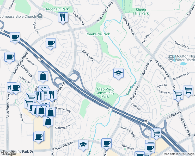 map of restaurants, bars, coffee shops, grocery stores, and more near 50 Santa Monica Street in Aliso Viejo