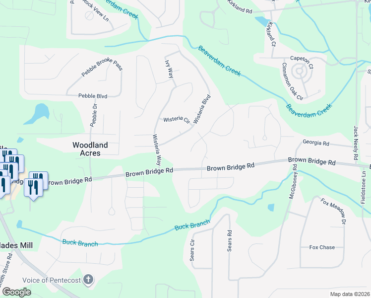 map of restaurants, bars, coffee shops, grocery stores, and more near 25 Willow Tree Terrace in Covington