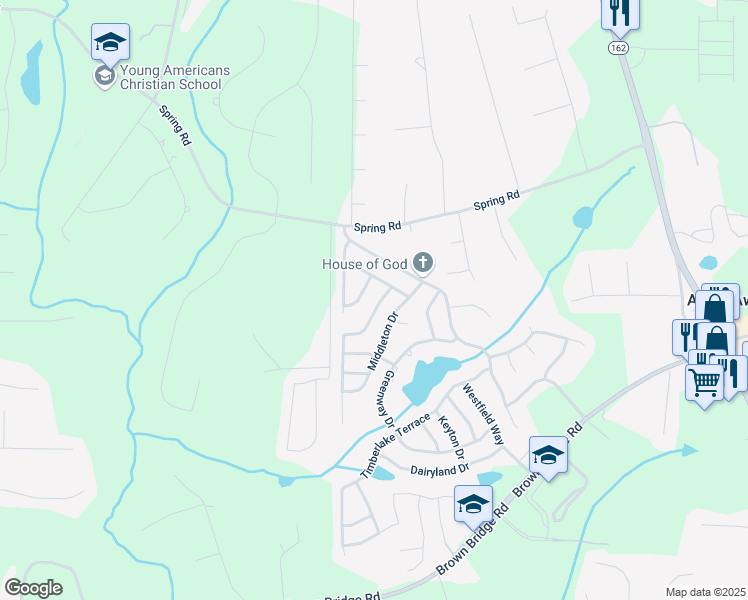 map of restaurants, bars, coffee shops, grocery stores, and more near 45 Hazelhurst Drive in Covington