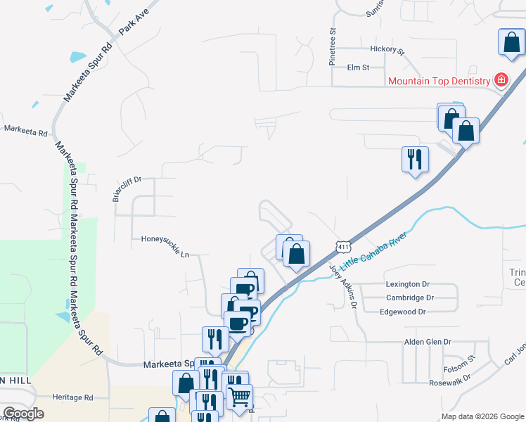 map of restaurants, bars, coffee shops, grocery stores, and more near 2047 Plantation Parkway in Moody