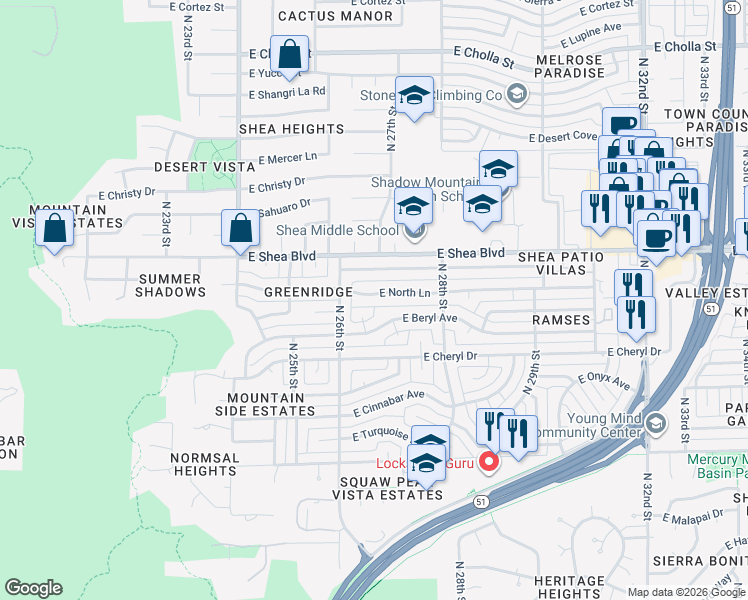 map of restaurants, bars, coffee shops, grocery stores, and more near 2633 East North Lane in Phoenix