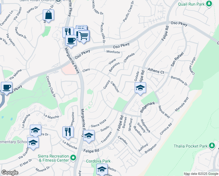 map of restaurants, bars, coffee shops, grocery stores, and more near 26341 Ambia in Mission Viejo