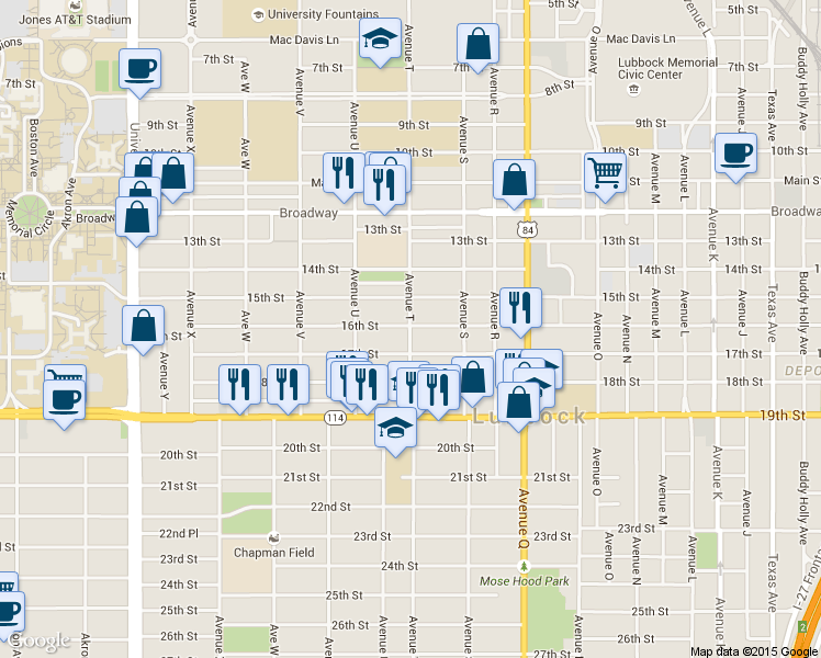 map of restaurants, bars, coffee shops, grocery stores, and more near 2007 16th Street in Lubbock