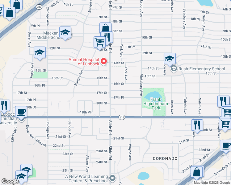 map of restaurants, bars, coffee shops, grocery stores, and more near 4934 17th Place in Lubbock