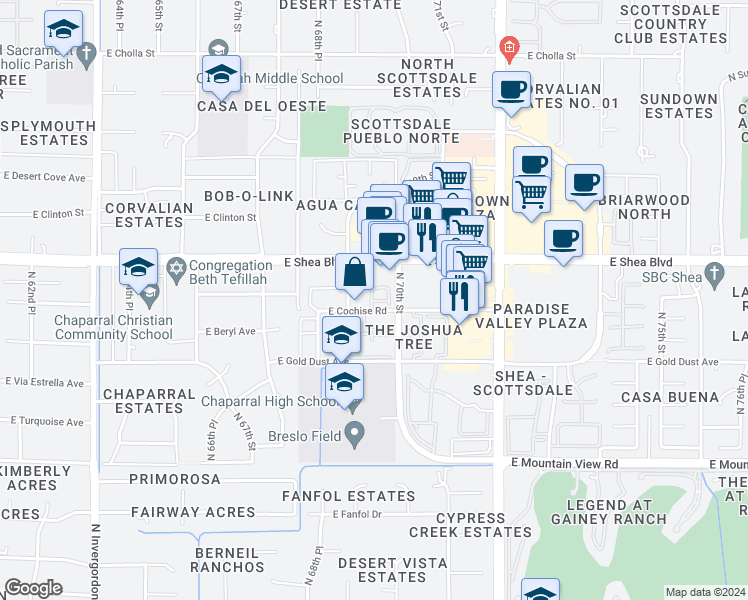 map of restaurants, bars, coffee shops, grocery stores, and more near 6945 East Cochise Road in Paradise Valley