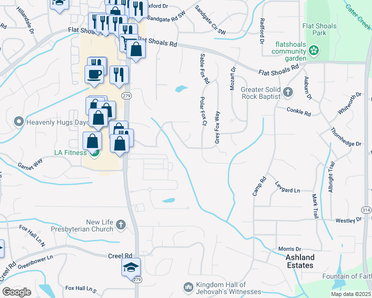map of restaurants, bars, coffee shops, grocery stores, and more near 6446 Grey Fox Way in Riverdale