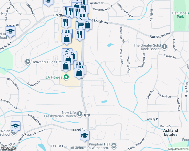 map of restaurants, bars, coffee shops, grocery stores, and more near 2348 Hackamore Drive in Atlanta