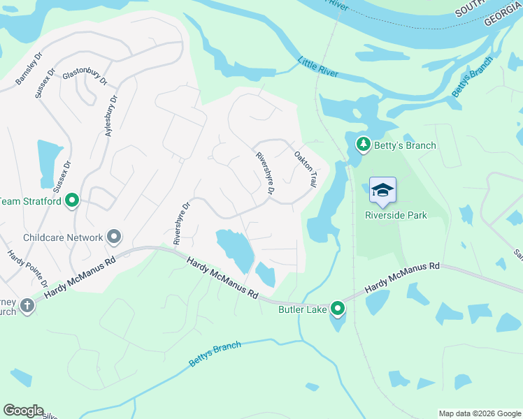 map of restaurants, bars, coffee shops, grocery stores, and more near 1139 Rivershyre Drive in Evans