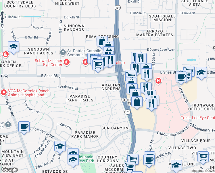 map of restaurants, bars, coffee shops, grocery stores, and more near 10495 North 87th Place in Scottsdale