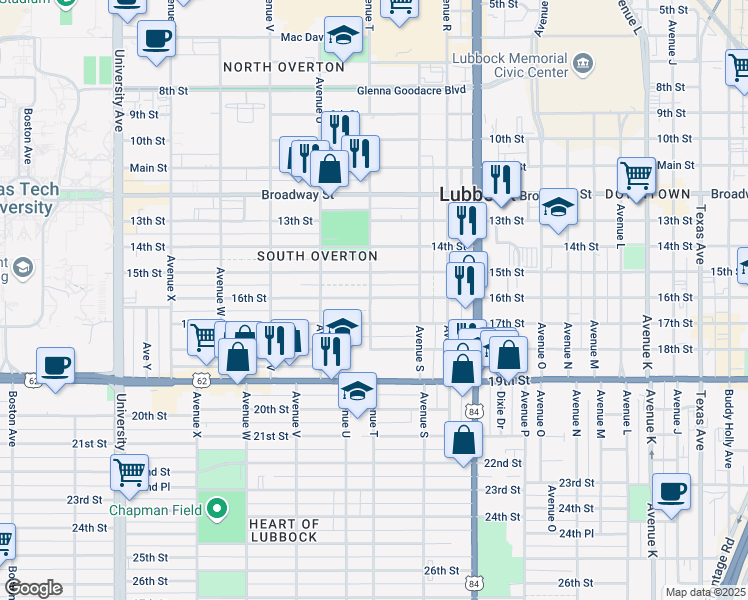map of restaurants, bars, coffee shops, grocery stores, and more near 1609 Avenue T in Lubbock