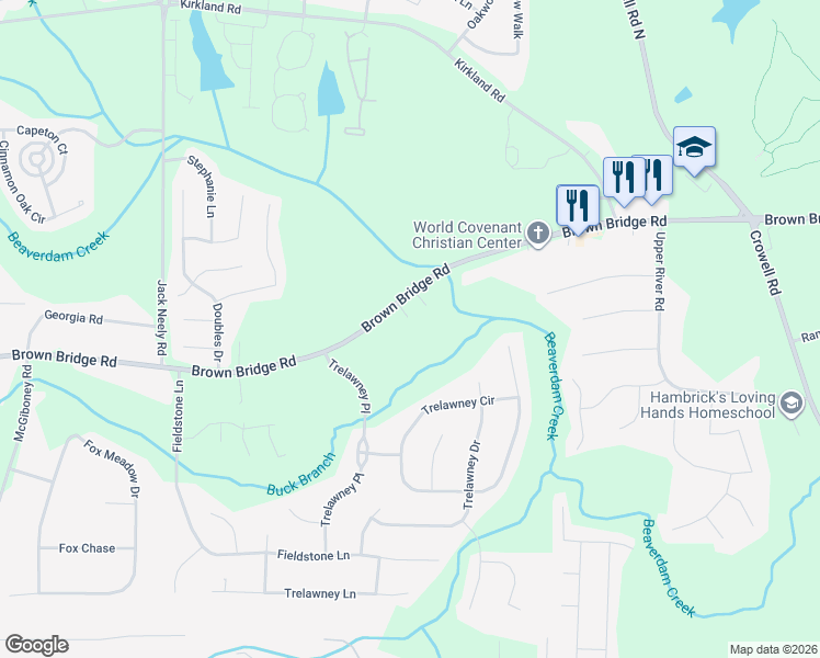 map of restaurants, bars, coffee shops, grocery stores, and more near 11677 Brown Bridge Road in Covington