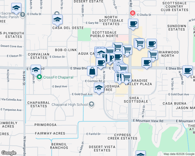 map of restaurants, bars, coffee shops, grocery stores, and more near 6945 East Cochise Road in Paradise Valley
