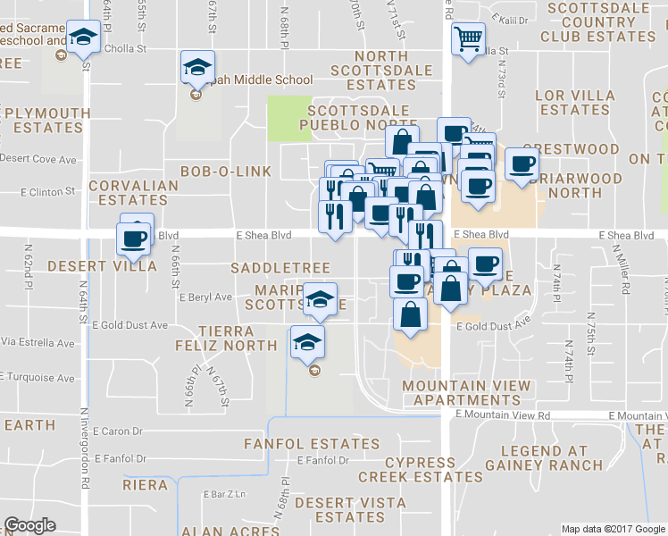 map of restaurants, bars, coffee shops, grocery stores, and more near 6945 East Cochise Road in Paradise Valley